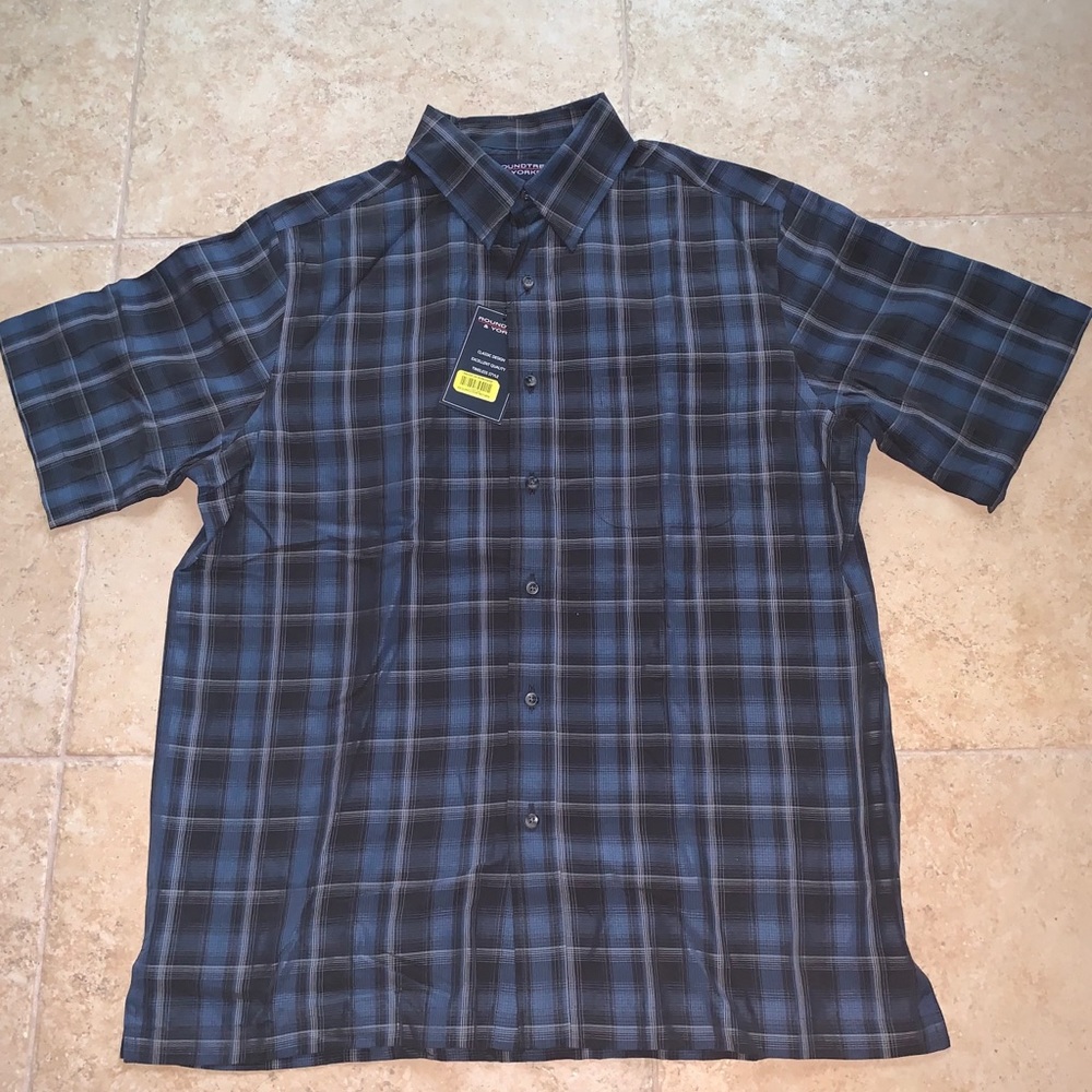 Blue, grey and black patterned shirt sleeve shirt
